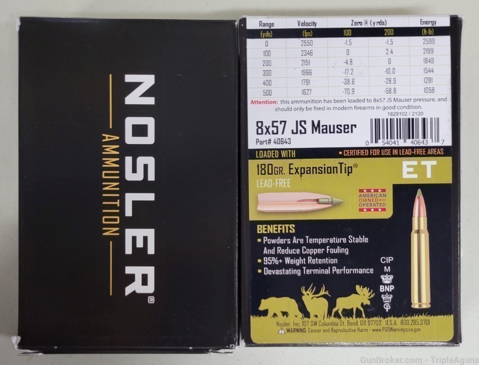 Nosler 8x57 JS 8MM Mauser 180gr ET Lead Free Lot Of 40rds 40643 Rifle