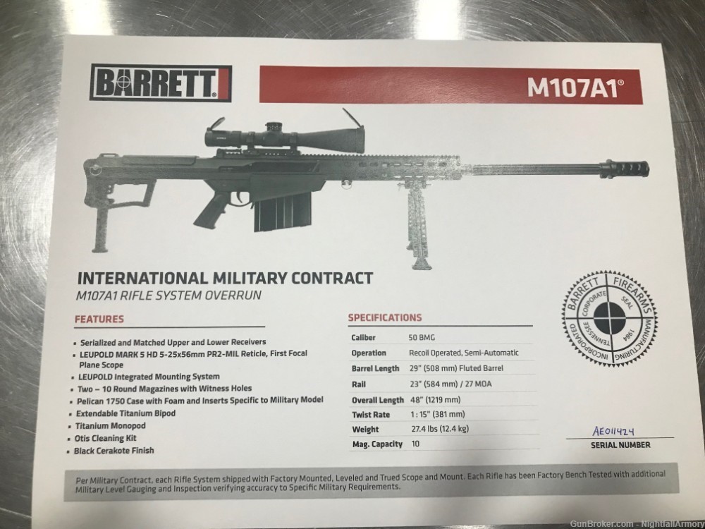 Barrett Firearms M107A1 - 29 Barrel - 50 BMG