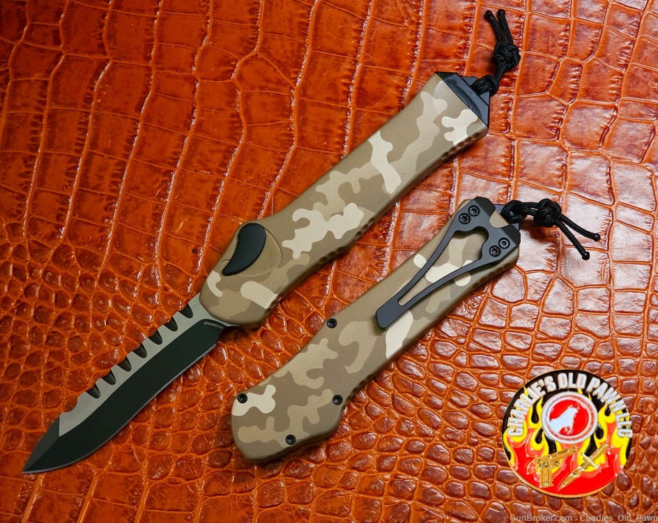 HERETIC KNIVES "HYDRA" OTF AUTO KNIFE TAN CAMO 3.6" RECURVE TWO-TONE -img-1