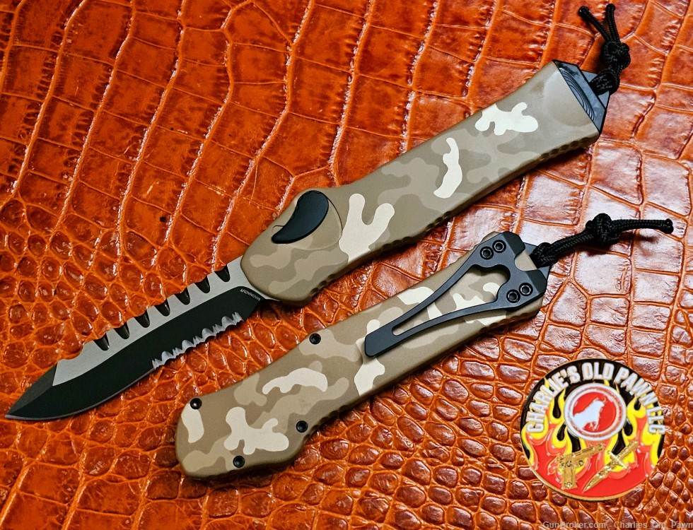 HERETIC KNIVES "HYDRA" OTF AUTO KNIFE TAN CAMO 3.6" SERRATED RECURVE -img-1