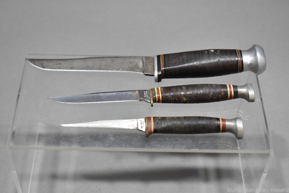 3 Vintage KA-BAR Kinfolks Hunting & Fishing Knives 1226 Leather Sheaths-img-6