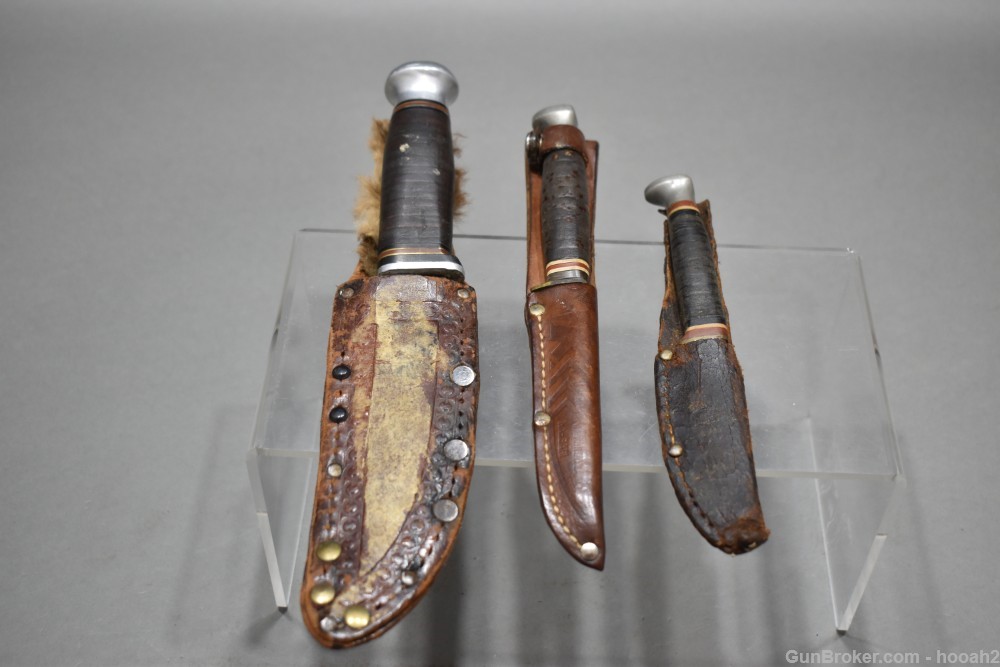 3 Vintage KA-BAR Kinfolks Hunting & Fishing Knives 1226 Leather Sheaths-img-0