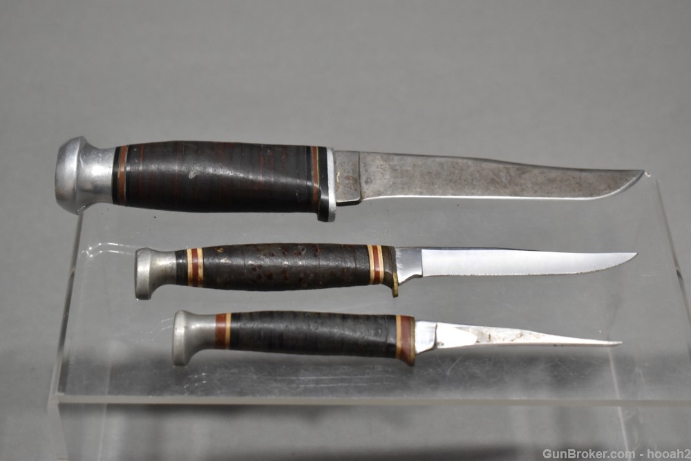 3 Vintage KA-BAR Kinfolks Hunting & Fishing Knives 1226 Leather Sheaths-img-9