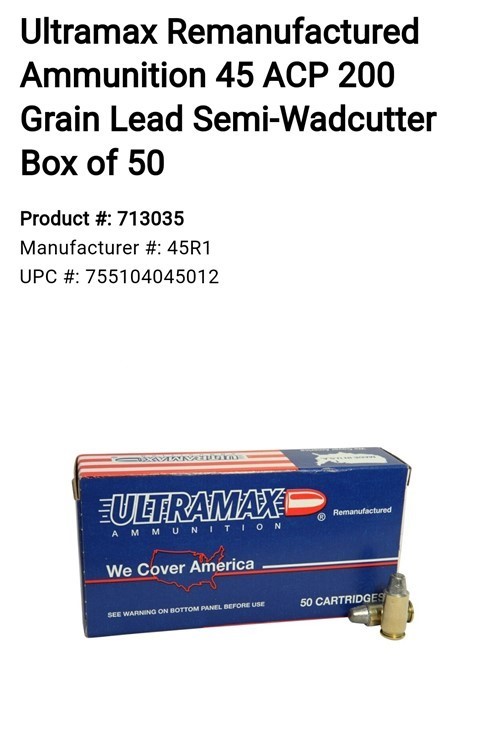 Ultramax Remanufactured 45 ACP 200 Grain Lead Semi-Wadcutter 250 rds 45acp-img-1