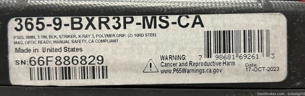 Sig Sauer P365 9mm CA California Approved 10rd Optic Ready 2 Mag NO CC FEES-img-1