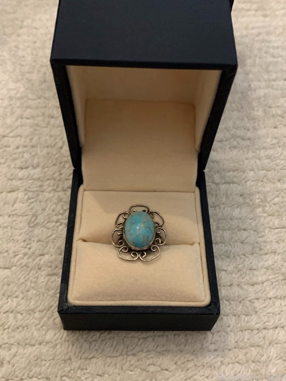 VINTAGE TAXCO MEXICAN STERLING SILVER TURQUOISE RING, SIZE 4-img-1