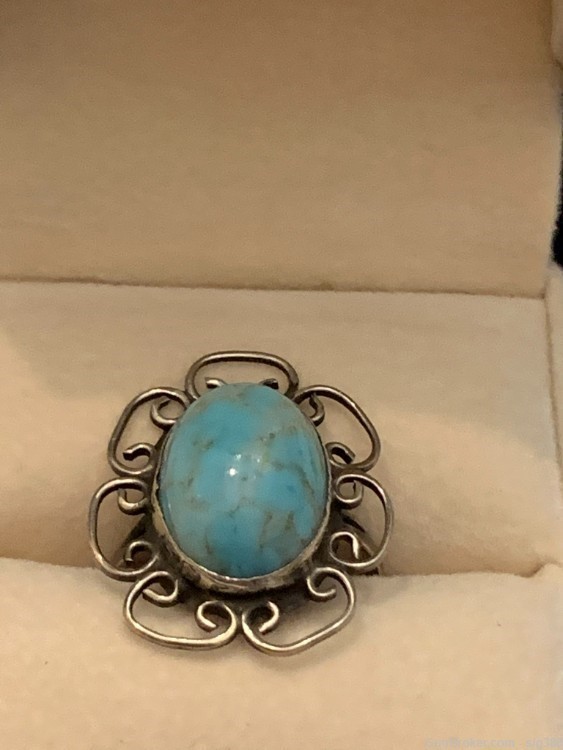 VINTAGE TAXCO MEXICAN STERLING SILVER TURQUOISE RING, SIZE 4-img-2
