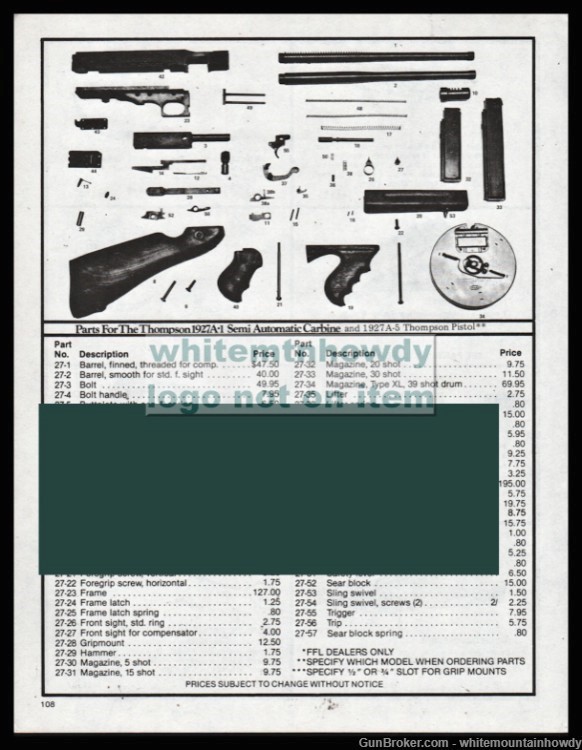 1987 THOMPSON 1927A-1 Semi-Automatic Carbine Parts List-img-0