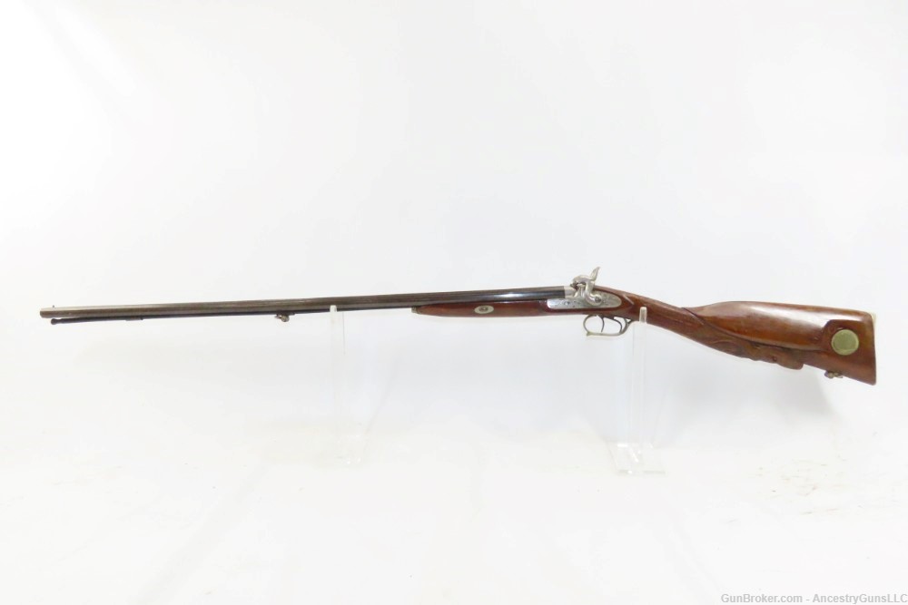 NICE Antique BELGIAN 36 Bore DOUBLE BARREL Percussion Shotgun CARVED STOCK -img-1