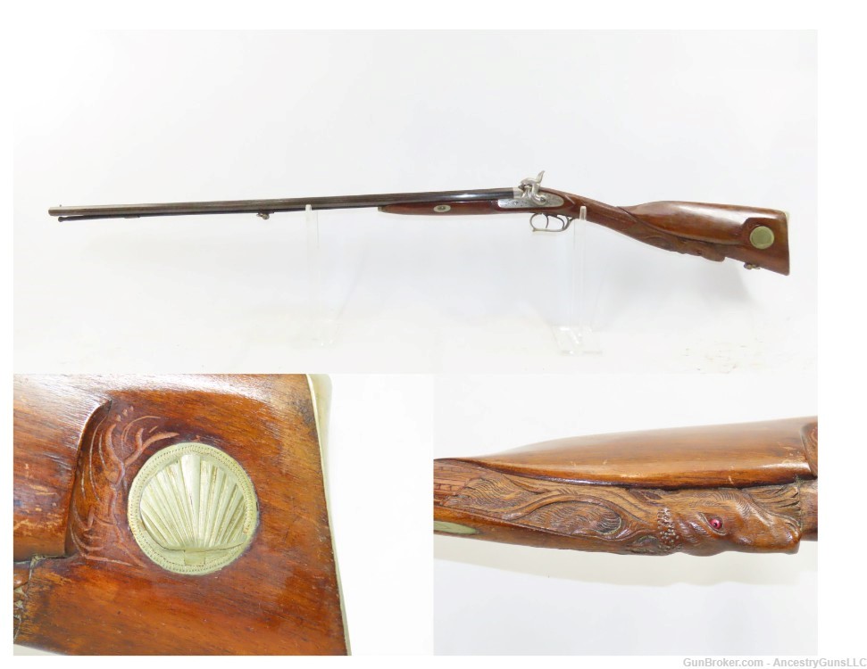 NICE Antique BELGIAN 36 Bore DOUBLE BARREL Percussion Shotgun CARVED STOCK -img-0