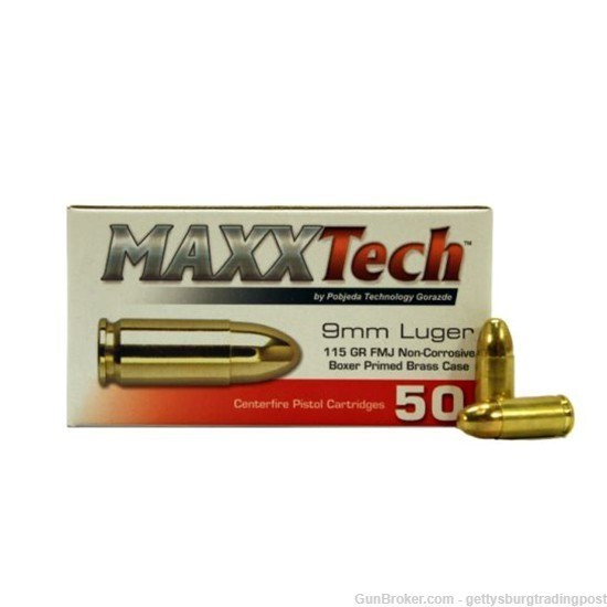 MAXXTech 9mm 115gr FMJ Brass Cased 500 Rounds -img-0