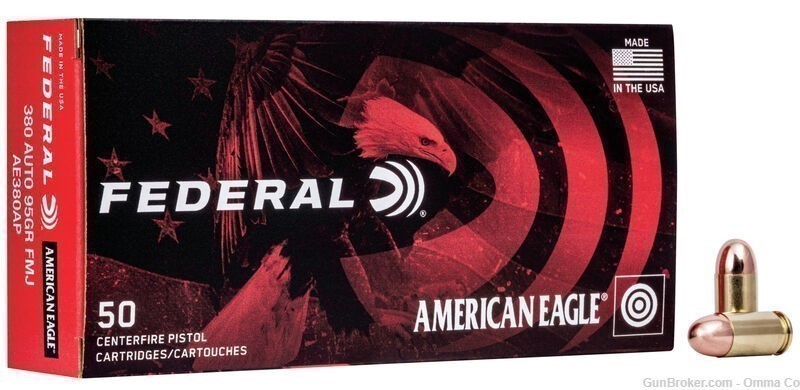 .380 ACP - 95 Grain FMJ Federal American Eagle 50 Rounds Ships Fast -img-0