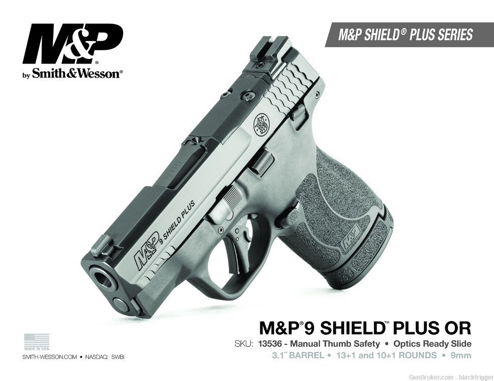 S&W 13536 M&P9 Shield Plus 9mm 3.1" 10+1, 13+1 Optics Cut Safety Black BLK -img-1