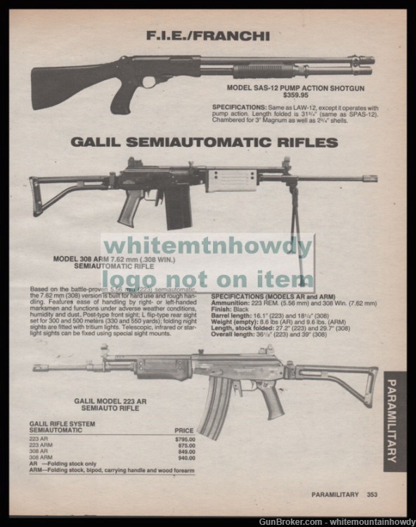 1989 F.I.E. FRANCHI SAS-12 Shotgun and GALIL 223 AR Semi-Auto Rifle PRINT A-img-0