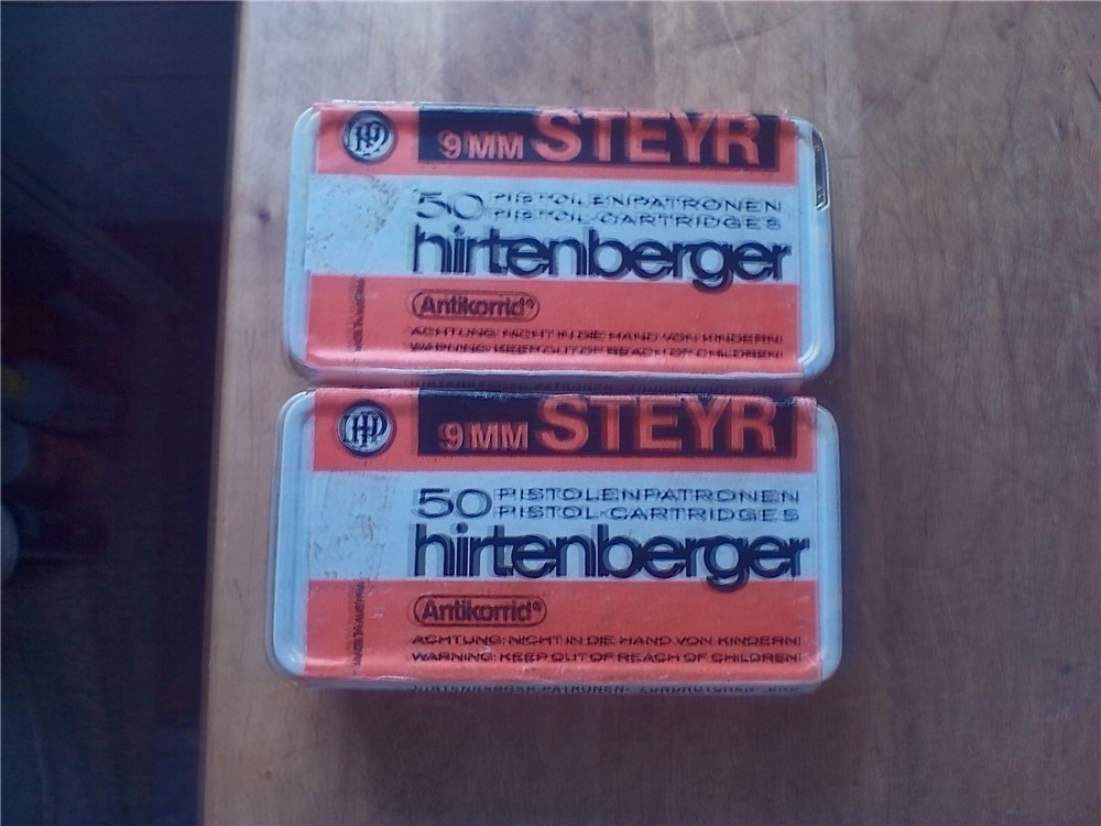 Vintage 9mm Steyr Hintenberger fmj ammo-2 full boxes-100 rds.-img-0