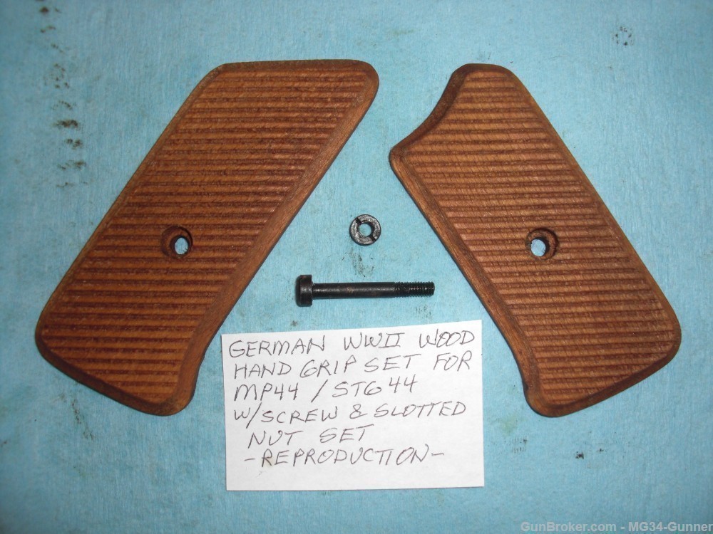 German WWII MP44 Trigger Assembly Wood Grips w/ Screw & Nut - Nice Repro-img-0