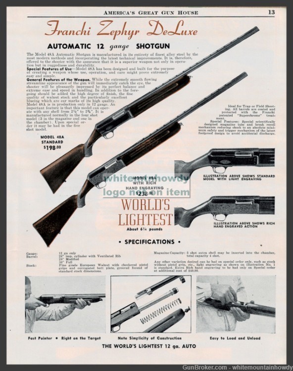 1962 FRANCHI Zephyr Deluxe Model 48 Shotgun PRINT AD-img-0