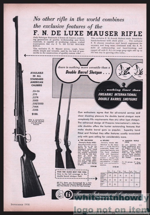 1956 MAUSER FN De Luxe Matador Bolero Firearms Intl. DB Shotgun AD-img-0