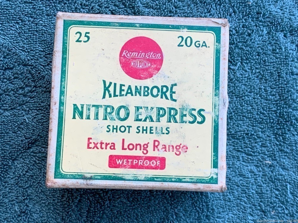 VINTAGE REMINGTON KLEANBORE NITRO EXPRESS 20GA SHOT SHELLS IN FULL BOX-img-0