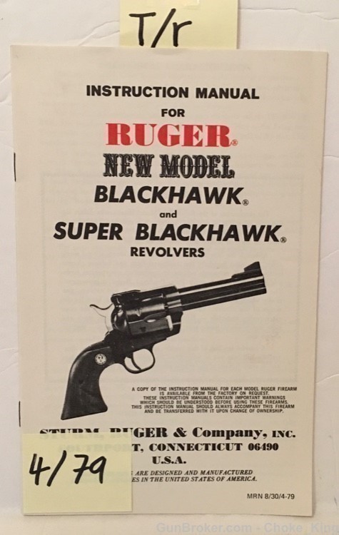 Original Ruger Blackhawk 4-79 Owners Instruction Manual-img-0