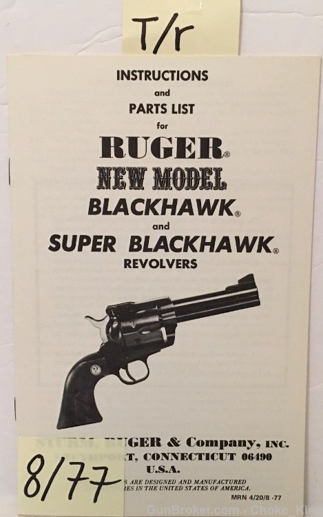 Original Ruger Blackhawk 8-77 Owners Instruction Manual-img-0