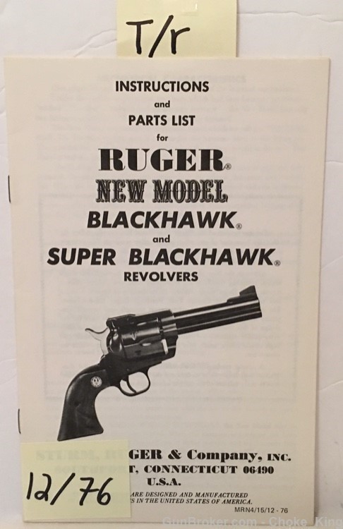 Original Ruger Blackhawk 12-76 Owners Instruction Manual-img-0