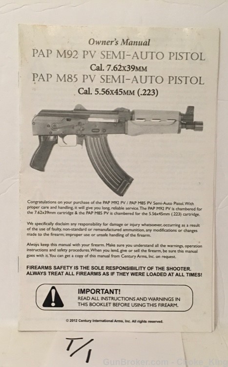PAP M92 7.62X39 M85 5.56X45 PV Pistol Owners Instruction Manual-img-0