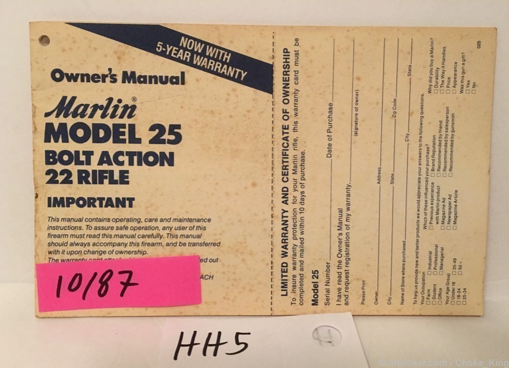 Orig Marlin Model 25 Bolt Action Owners Instruction Manual 10/87-img-0