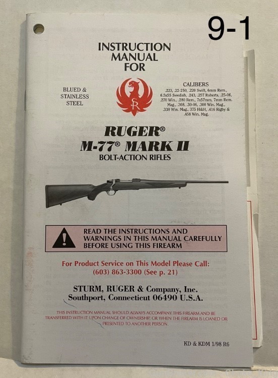 Ruger Model 77 1/98 Owners Manual 223, .22-250, .220 Swift, 6mm Rem., 6.5x5-img-0