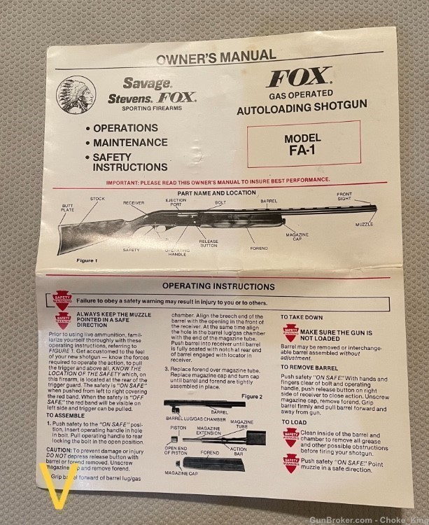 Savage Steven Fox FA 1 Shotgun Owners Instruction Manual -img-0