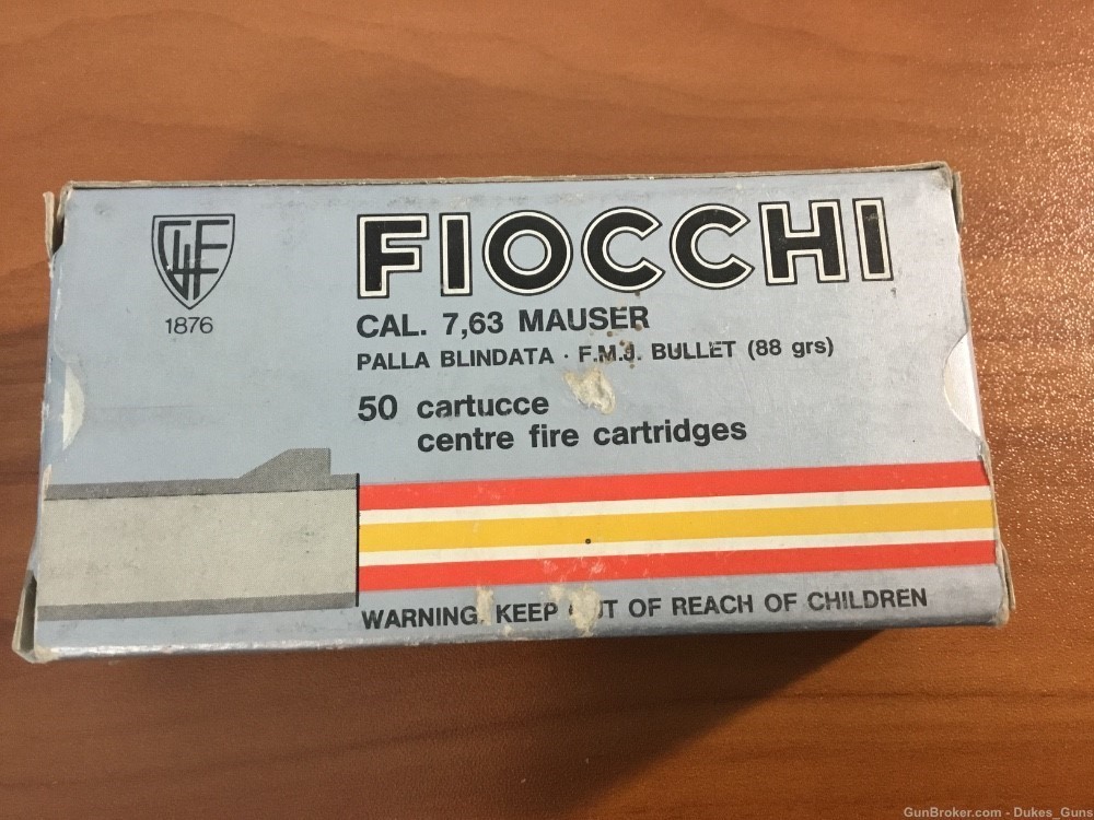Fiocchi 7.63 Mauser, 88 grain F.M.J. Box of 50 rounds-img-1