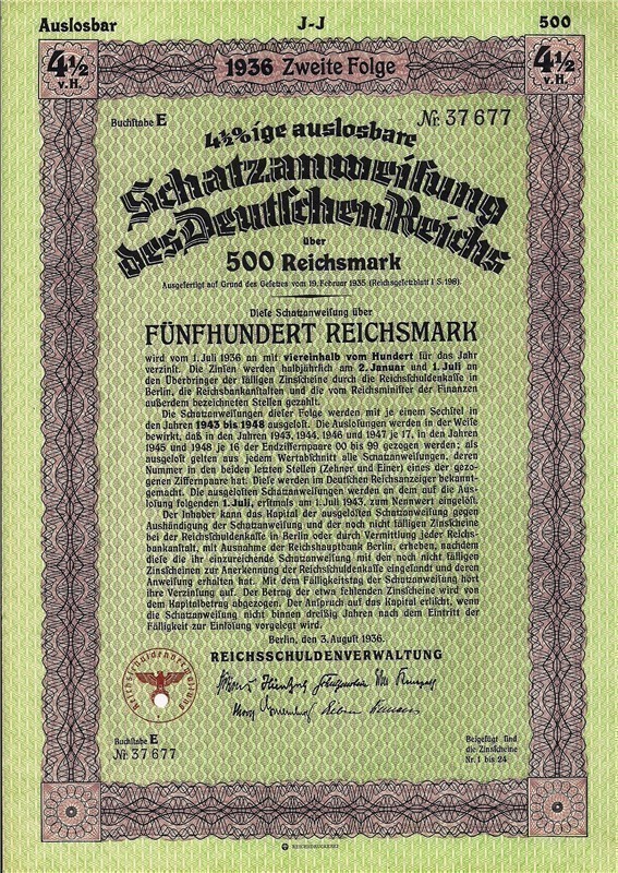  Germany Treasury Loan. 500 Reichsmarks  bond1936 with swastika-img-0