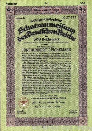  Germany Treasury Loan. 500 Reichsmarks  bond1936 with swastika-img-2