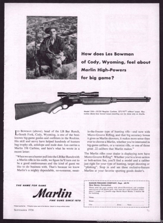 1956 MARLIN 336 30/30 Lever Action Rifle PRINT AD Les Bowman Cody Wyoming-img-0
