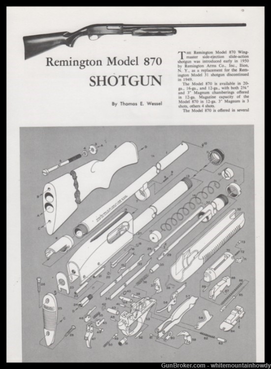 1972 REMINGTON 870 Shotgun Schematic Parts List Assembly Article-img-0