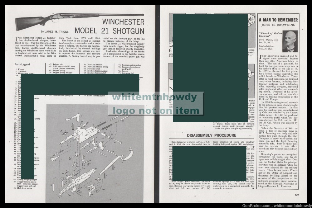 1972 WINCHESTER 21 Shotgun Schematic Parts List 2-pg Assembly Article-img-0