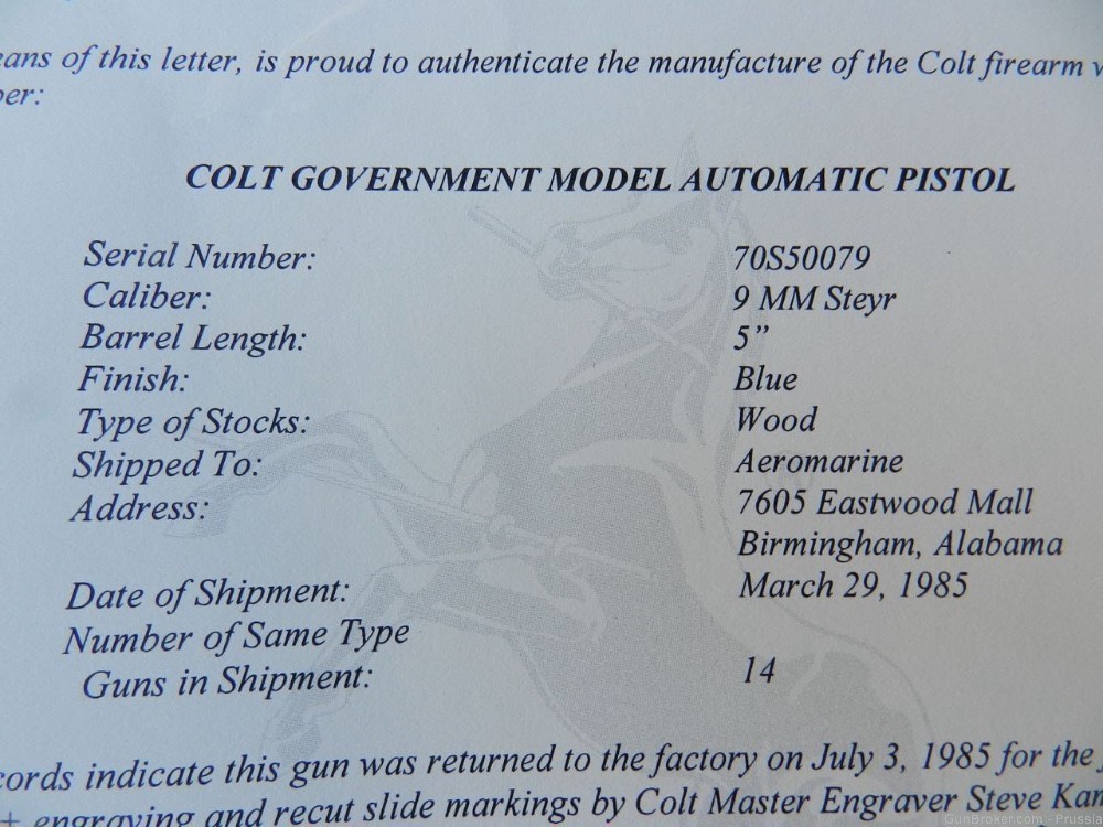 Colt Govt Mdl 9MM Steyr 5" Nickel Factory Master Engraved NIB-img-16