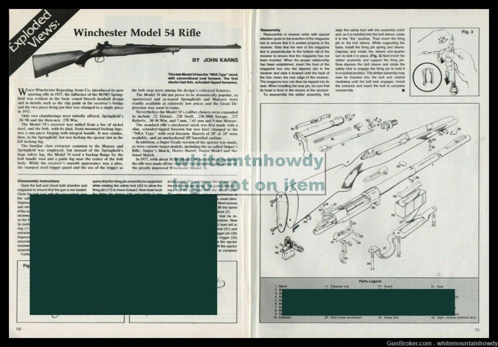 1989 WINCHESTER 54 Rifle Scematic Exploded Parts List Assembly Article-img-0