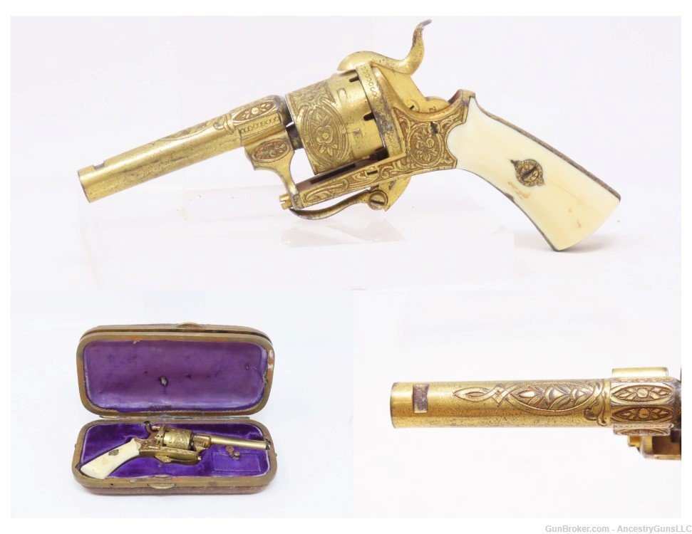 GOLD, ENGRAVED, IVORY Leather CASED Antique 5mm PINFIRE Revolver Lefaucheux-img-0