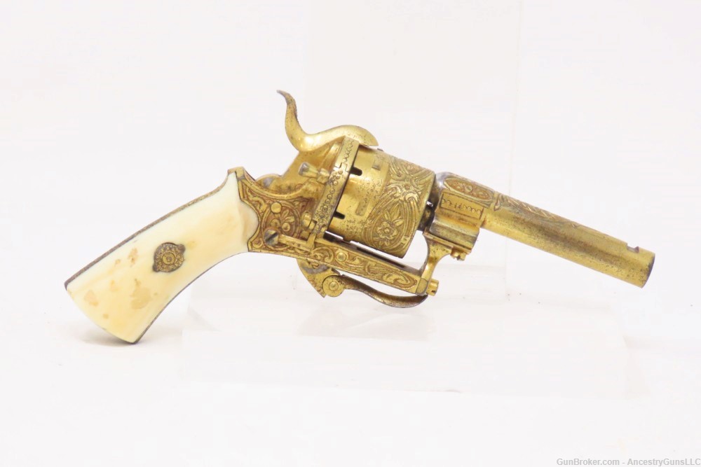 GOLD, ENGRAVED, IVORY Leather CASED Antique 5mm PINFIRE Revolver Lefaucheux-img-18