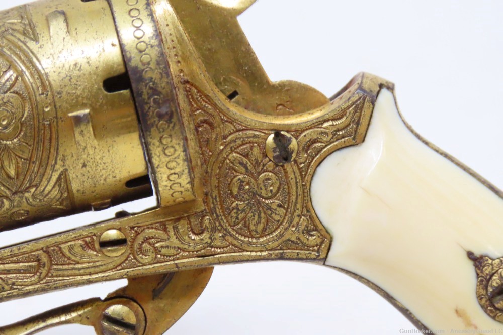 GOLD, ENGRAVED, IVORY Leather CASED Antique 5mm PINFIRE Revolver Lefaucheux-img-9