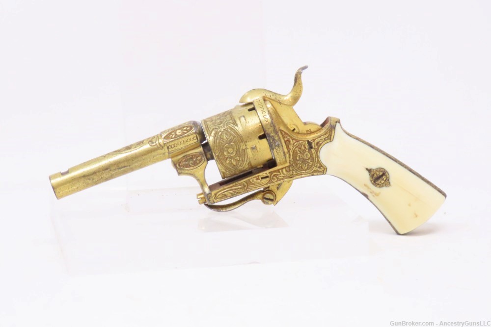 GOLD, ENGRAVED, IVORY Leather CASED Antique 5mm PINFIRE Revolver Lefaucheux-img-5