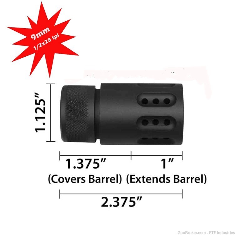 FTF Industries 9mm Micro Ported 2 3/8" Barrel Cover Fake Suppressor 1/2x28-img-1