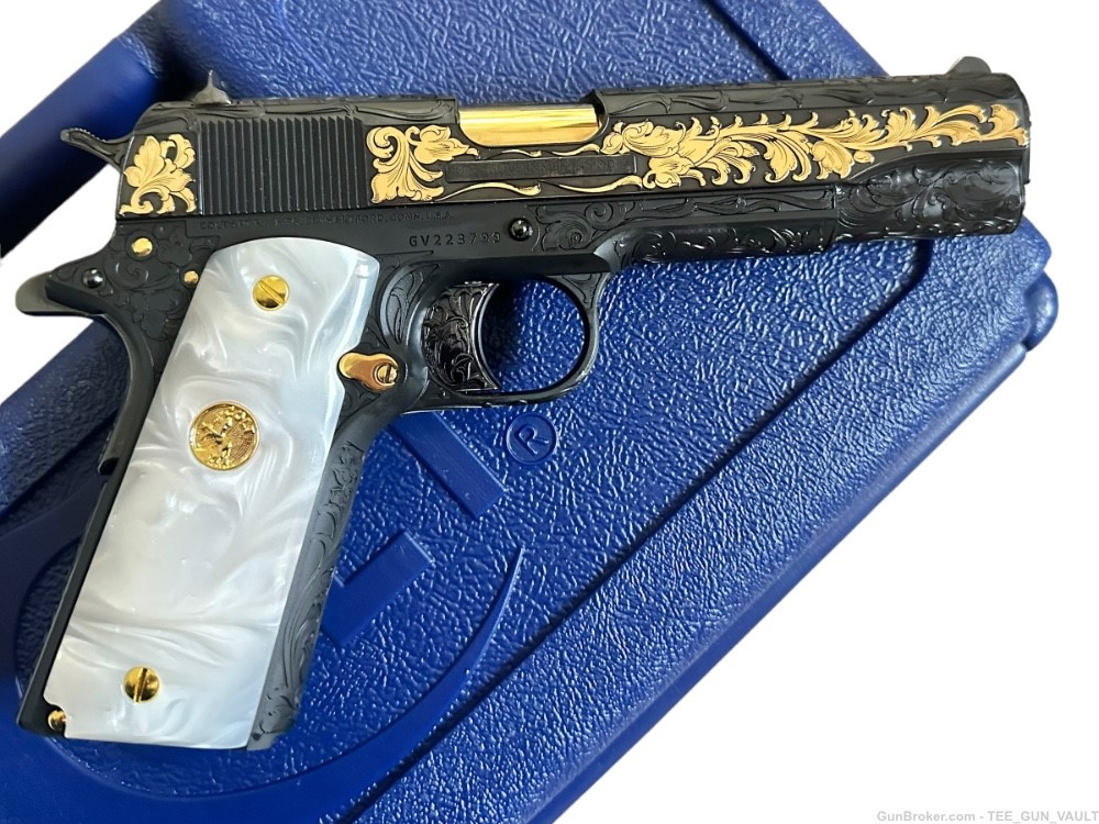 CUSTOM COLT 1911 GOVERNMENT FULLY ENGRAVED, BLUED W/  24K GOLD PLATED PARTS-img-4