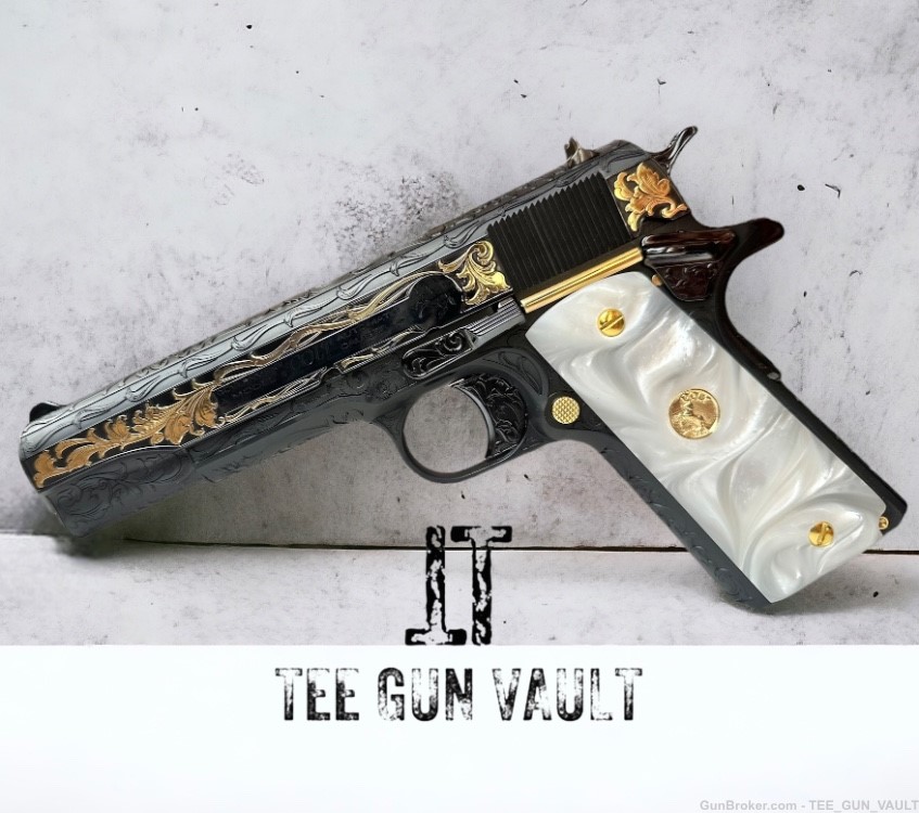 CUSTOM COLT 1911 GOVERNMENT FULLY ENGRAVED, BLUED W/  24K GOLD PLATED PARTS-img-1