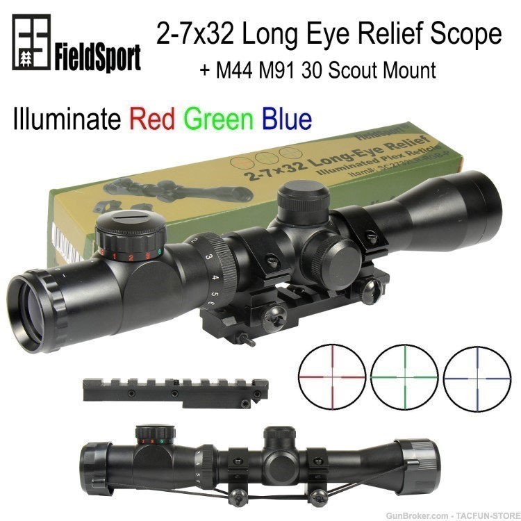 2-7x32 Long Eye Relief Illuminate Red Green Blue Plex Scope + M44 Mount-img-0