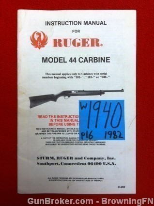 Orig Ruger Model 44 Owners Instruction Manual 1982-img-0