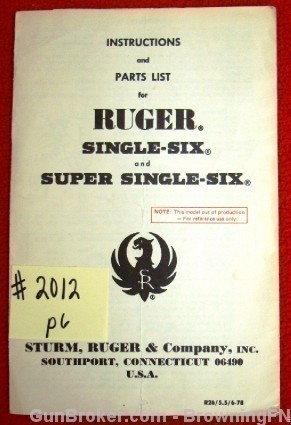 Orig Ruger Owners Instruction Manual Model Single Six Super-img-0