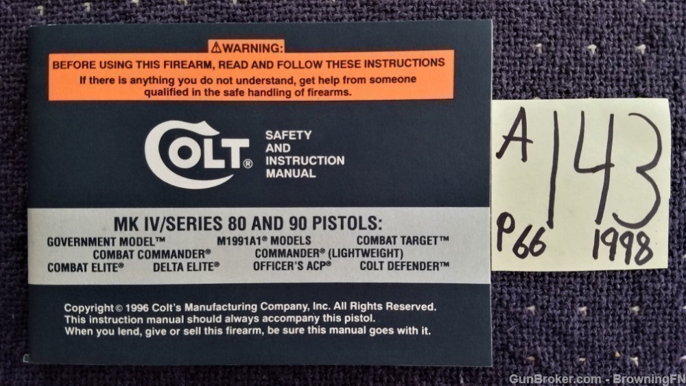 Orig Colt Government Model Combat Target Owners Instruction Manual 1998-img-0