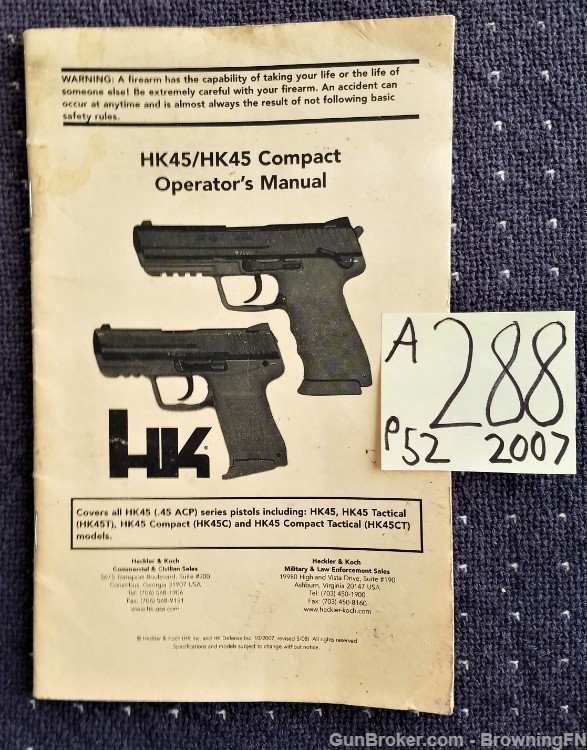 Orig HK Heckler & Koch HK45 Owners Manual 2007-img-0